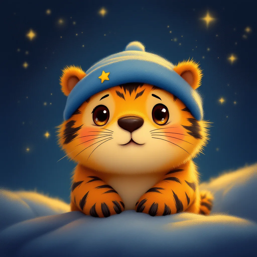 Illustration: Der Tigerbiber mit Schlafmütze unter dem Sternenhimmel