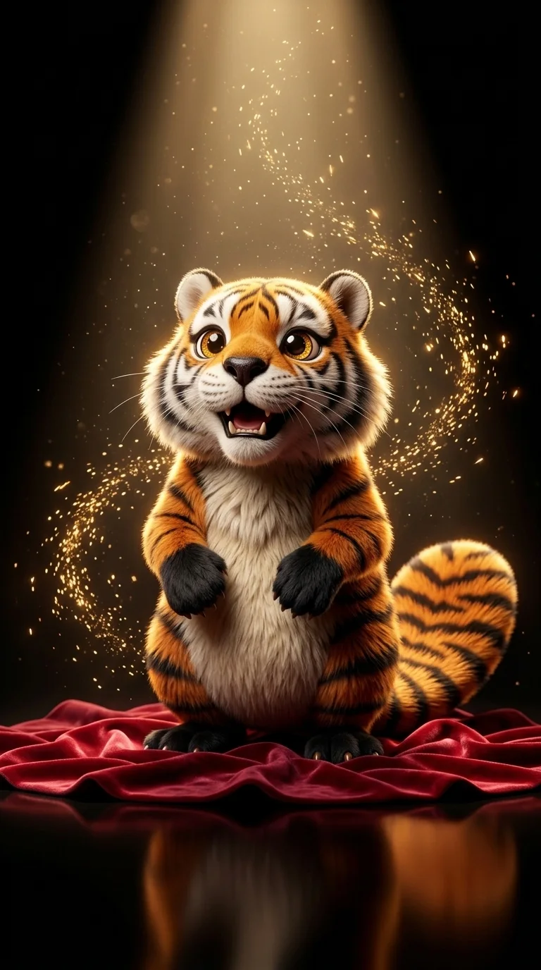Der Tigerbiber steht enthüllt im Lichtkegel auf einer schwarzen Bühne, das rote Samttuch zu seinen Füßen