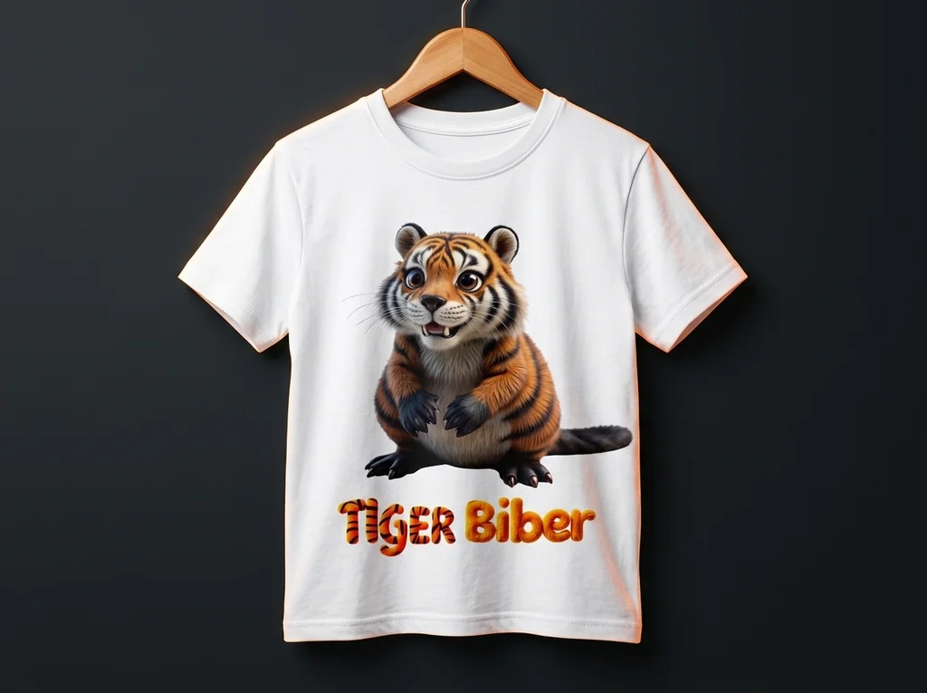 Weißes Kinder-T-Shirt am Holzbügel mit Tigerbiber-Druck und Tigerbiber-Schriftzug