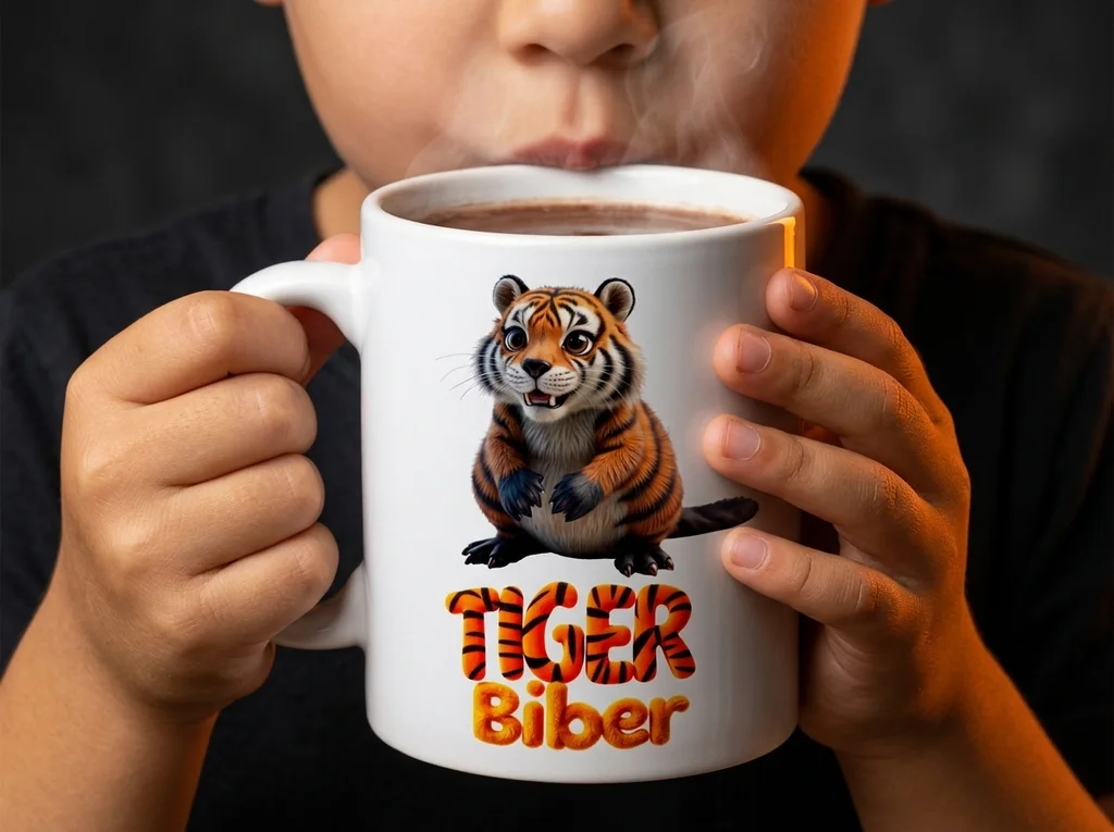 Kind trinkt Kakao aus einer weißen Tasse mit Tigerbiber-Motiv und Schriftzug