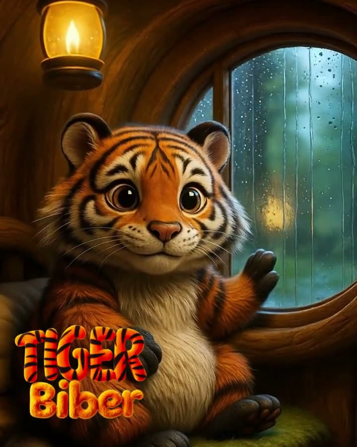 Der Tigerbiber sitzt bei Regen am Fenster seiner Höhle