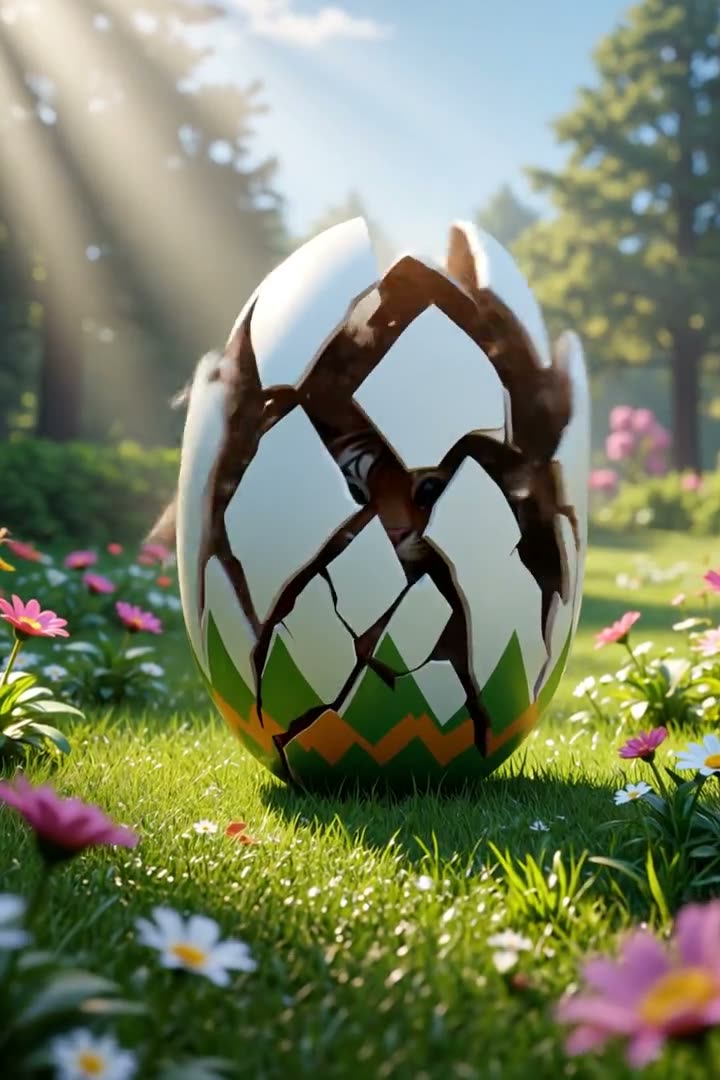 Ein großes bemaltes Osterei auf einer Frühlingswiese bricht auf