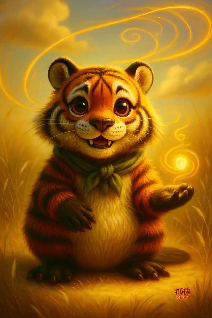 Der Tigerbiber hält in goldenem Märchenlicht ein leuchtendes Glühwürmchen in den Pfoten